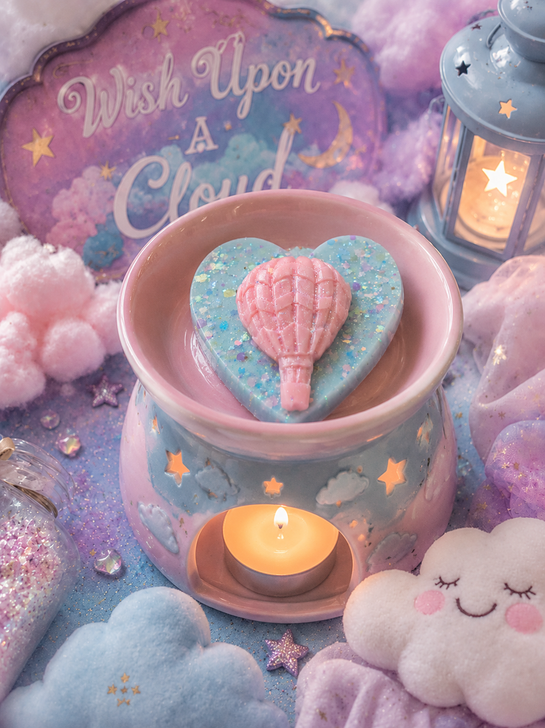 Wish upon a cloud heart wax melt shape in burner pink and blue decor cloud theme. 
