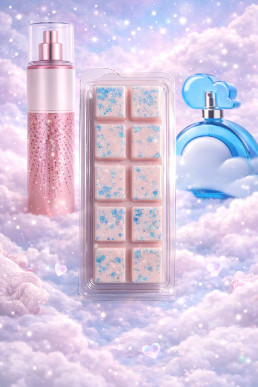 Wish upon a cloud pink and blue wax melt bar with perfume bottles in background. 
