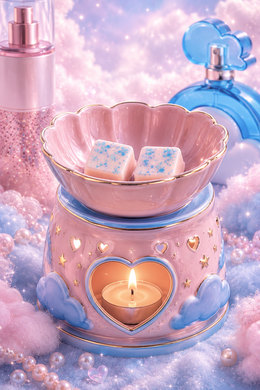 A pastel pink and blue ceramic candle warmer with a scalloped bowl holding two wax melts, styled with fluffy pink and blue fabric, pearls, and perfume bottles in the background.