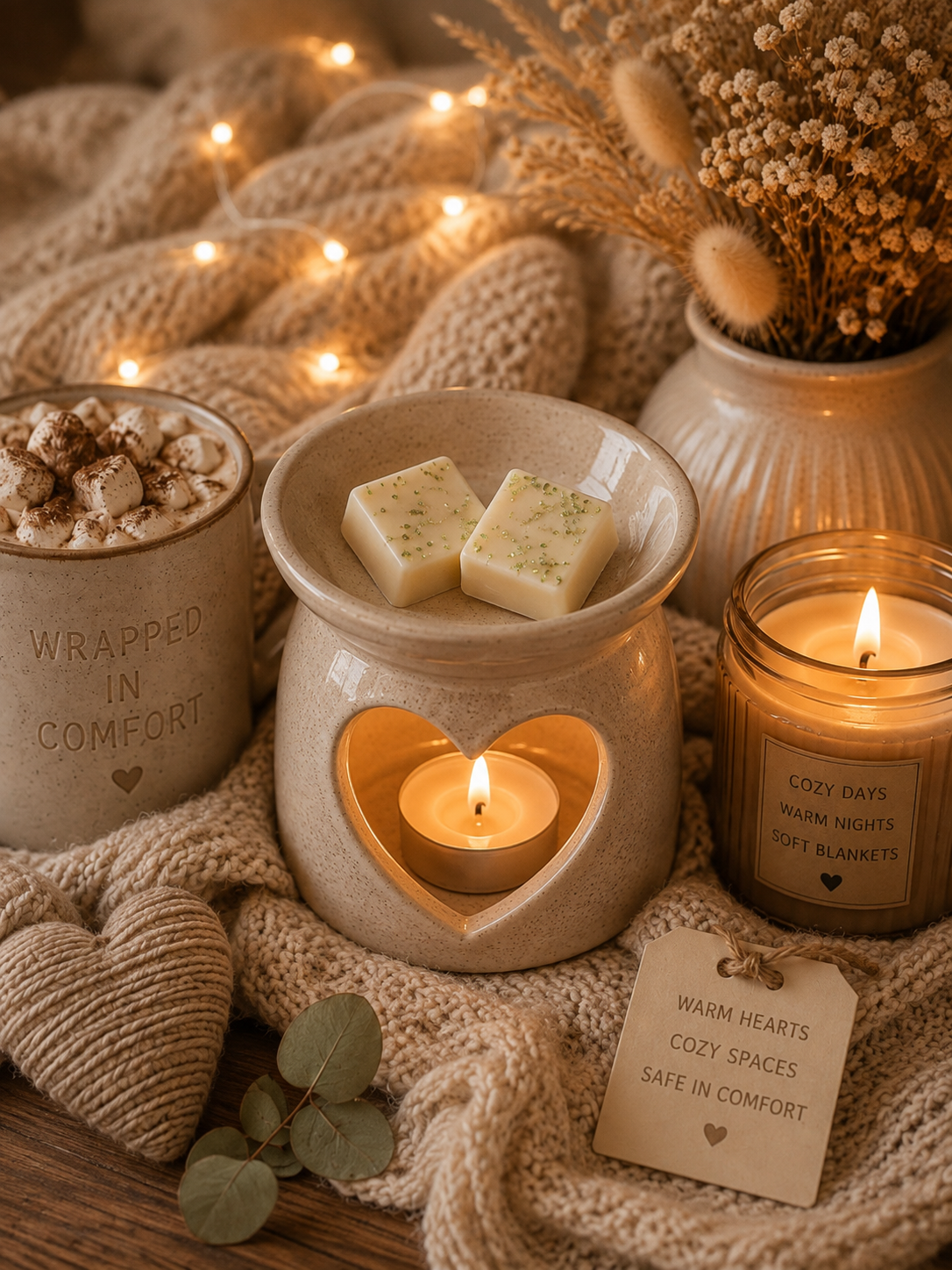 A cozy tabletop arrangement featuring a beige wax warmer with a lit tealight candle inside, two cream-colored soap bars resting on top, a lit candle jar labeled 'Cozy Nights Soft Blankets,' a mug reading 'Wrapped in Comfort,' and a small tag that says 'Warm Hearts Cozy Spaces Safe in Comfort,' all styled with a knitted blanket, string lights, dried flowers, and eucalyptus leaves.