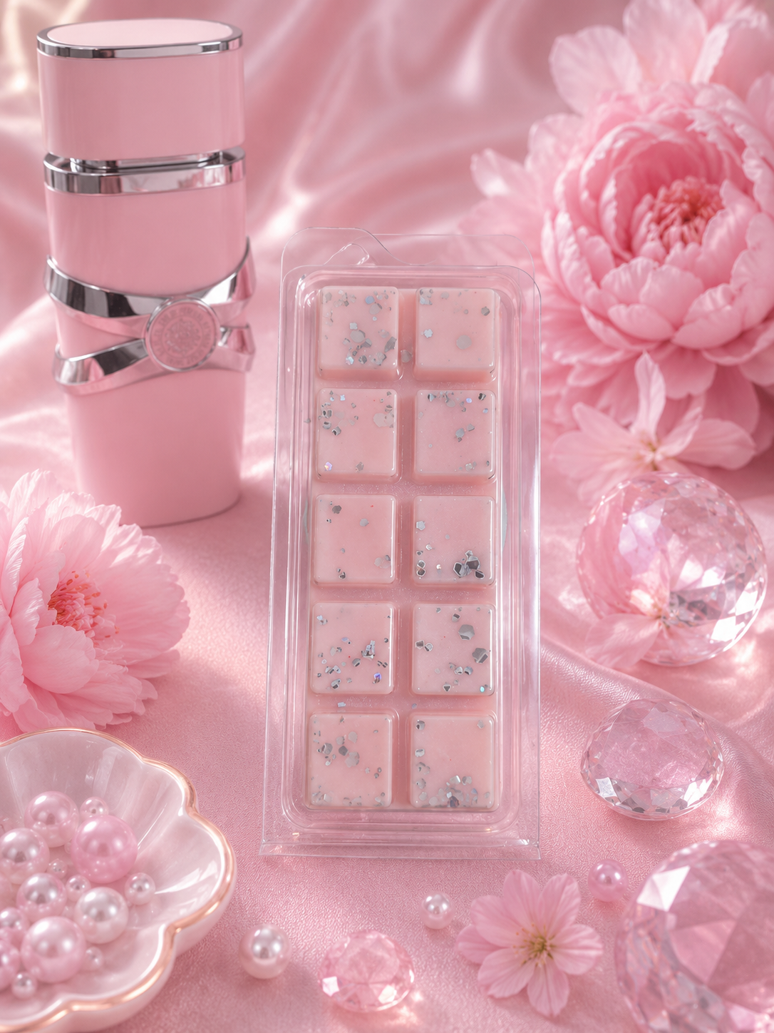 A pink 10-cell wax melt set in a clear plastic clamshell package, styled on a pink satin background with pink flowers, pearls, and clear decorative crystals.