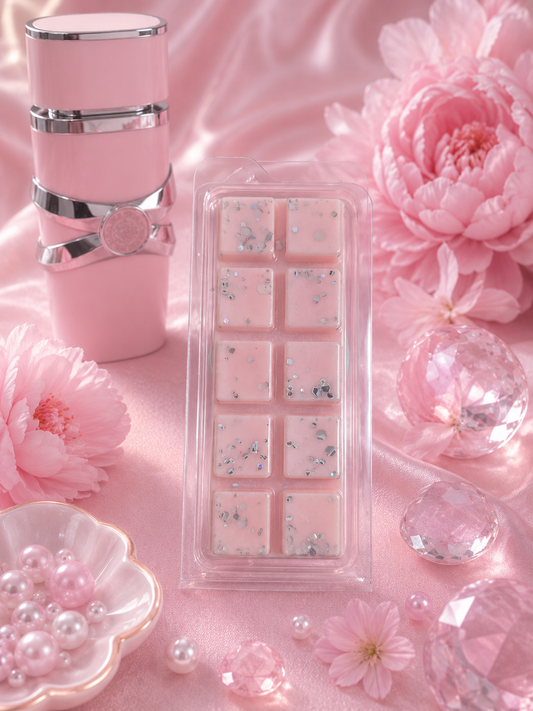 A pink 10-cell wax melt set in a clear plastic clamshell package, styled on a pink satin background with pink flowers, pearls, and clear decorative crystals.