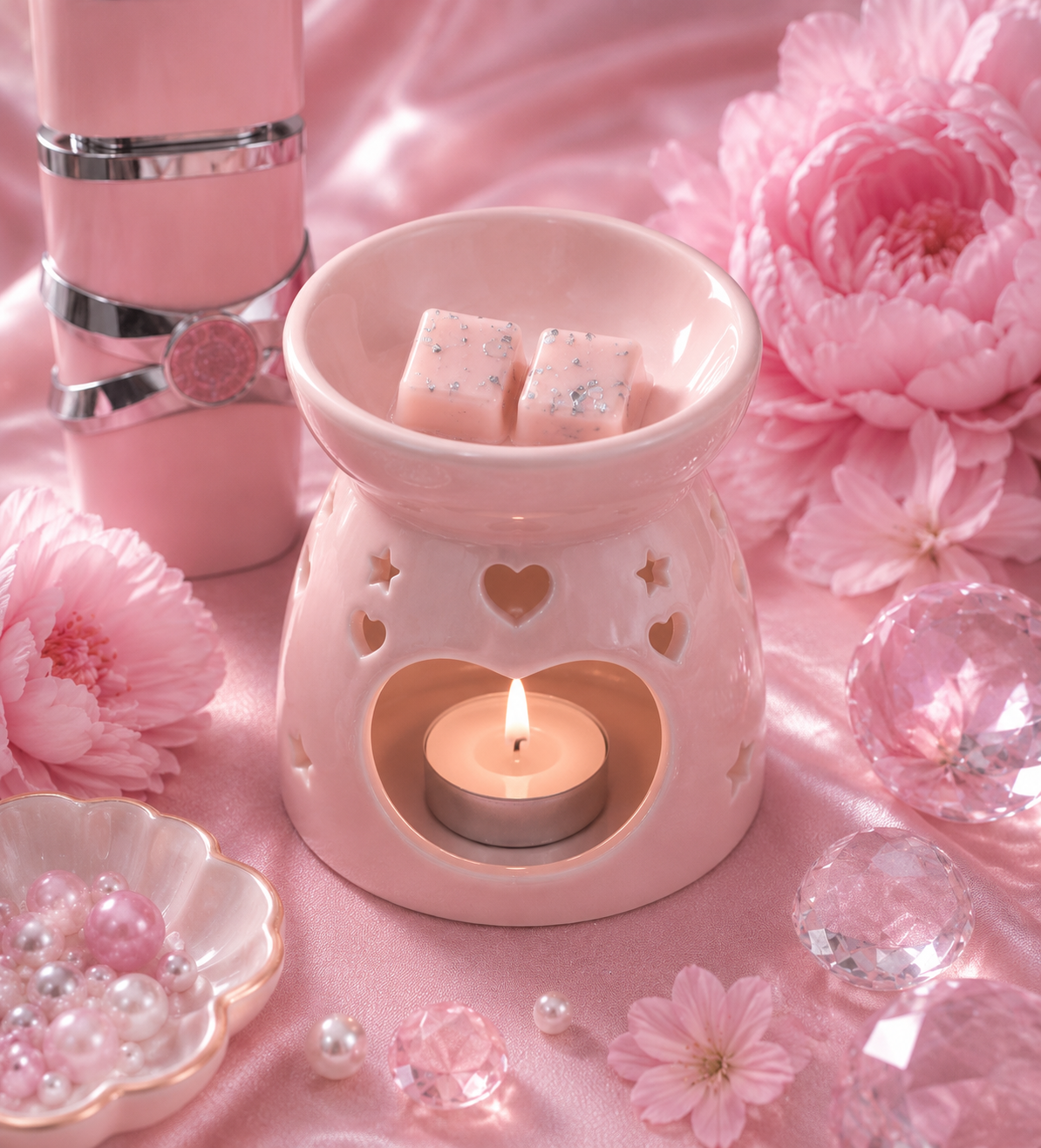 A pink ceramic candle warmer with a lit tea light candle, styled with pink flowers, pink wax melts, and a pink cylindrical container on a pink satin background.