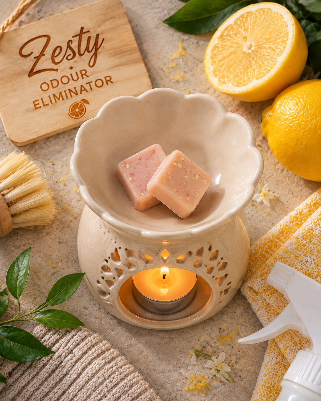 Odour eliminating wax melts in burner surrounded by cleaning background.