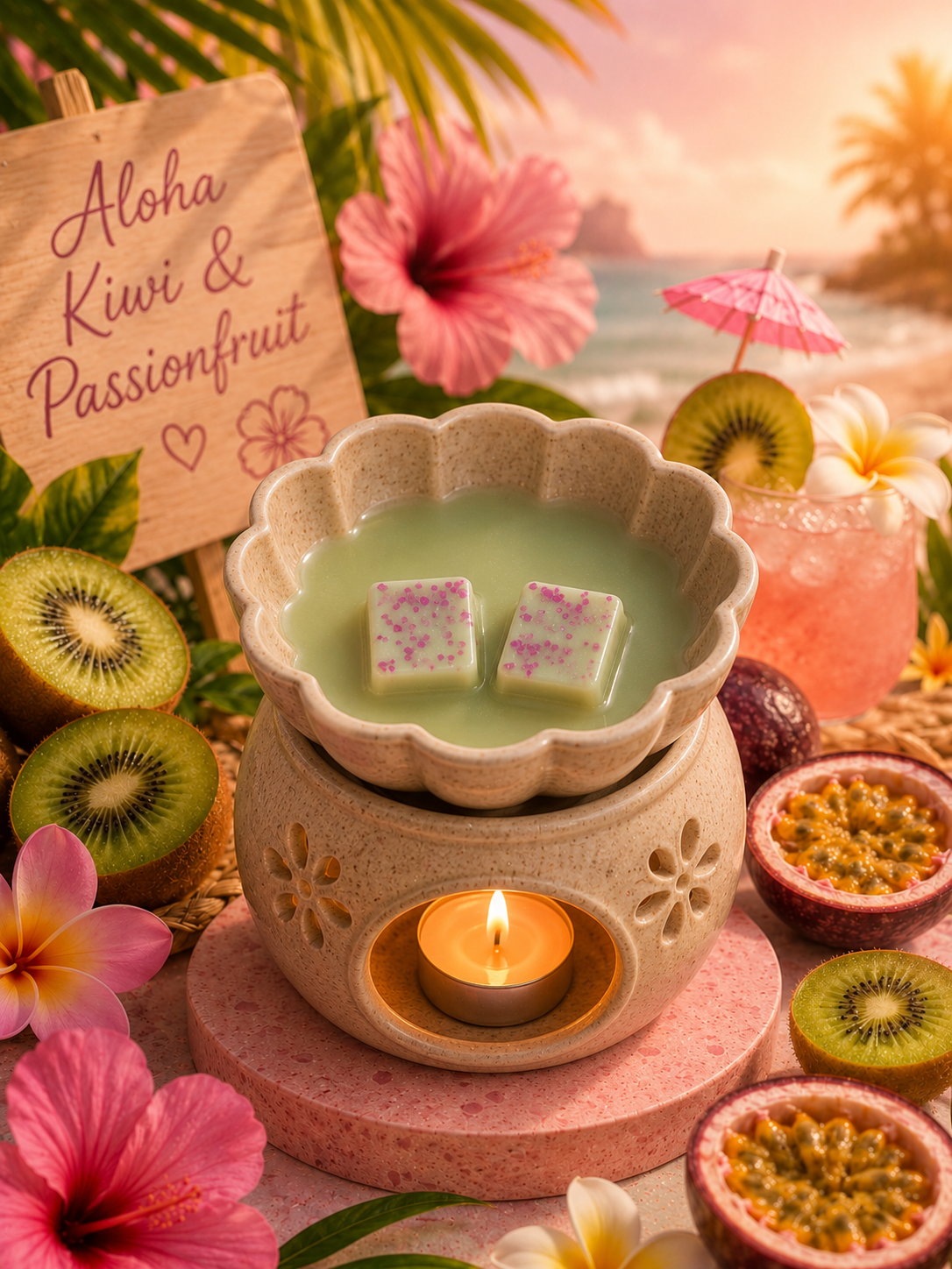 A tropical-themed spa or relaxation scene with a ceramic candle warmer holding a pale green liquid and two small pink-sprinkled wax melts, surrounded by kiwi slices, passionfruit, flowers, a cocktail, and a sign reading 'Aloha Kiwi & Passionfruit.' A real beach/tropical environment is visible in the background, so this is Lifestyle rather than Product/Packaging.