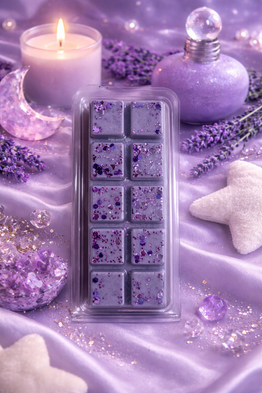 Purple wax melt block mold with lavender flowers, candle, and star-shaped objects on a purple fabric background.