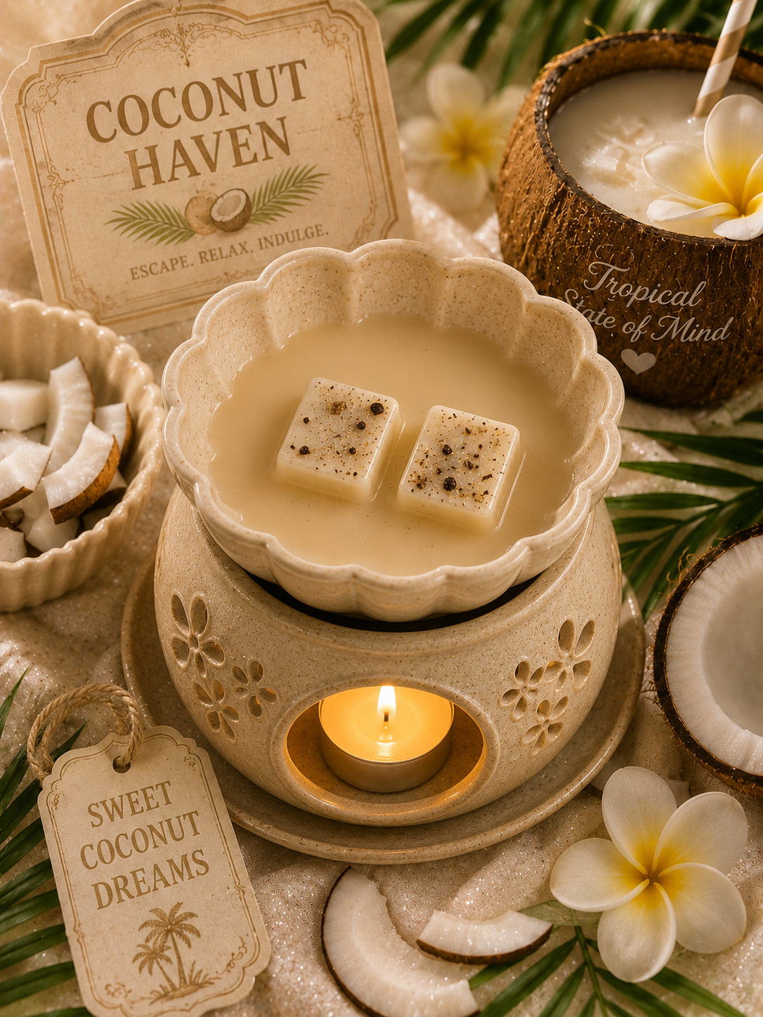coconut haven wax melts in wax warmer surrounded by coconuts and beach theme.