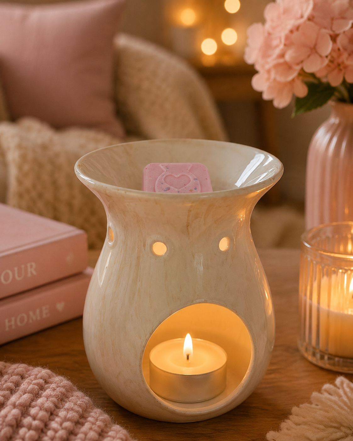 cream wax melt burner with pink wax melt inside with cosy lounge background theme.