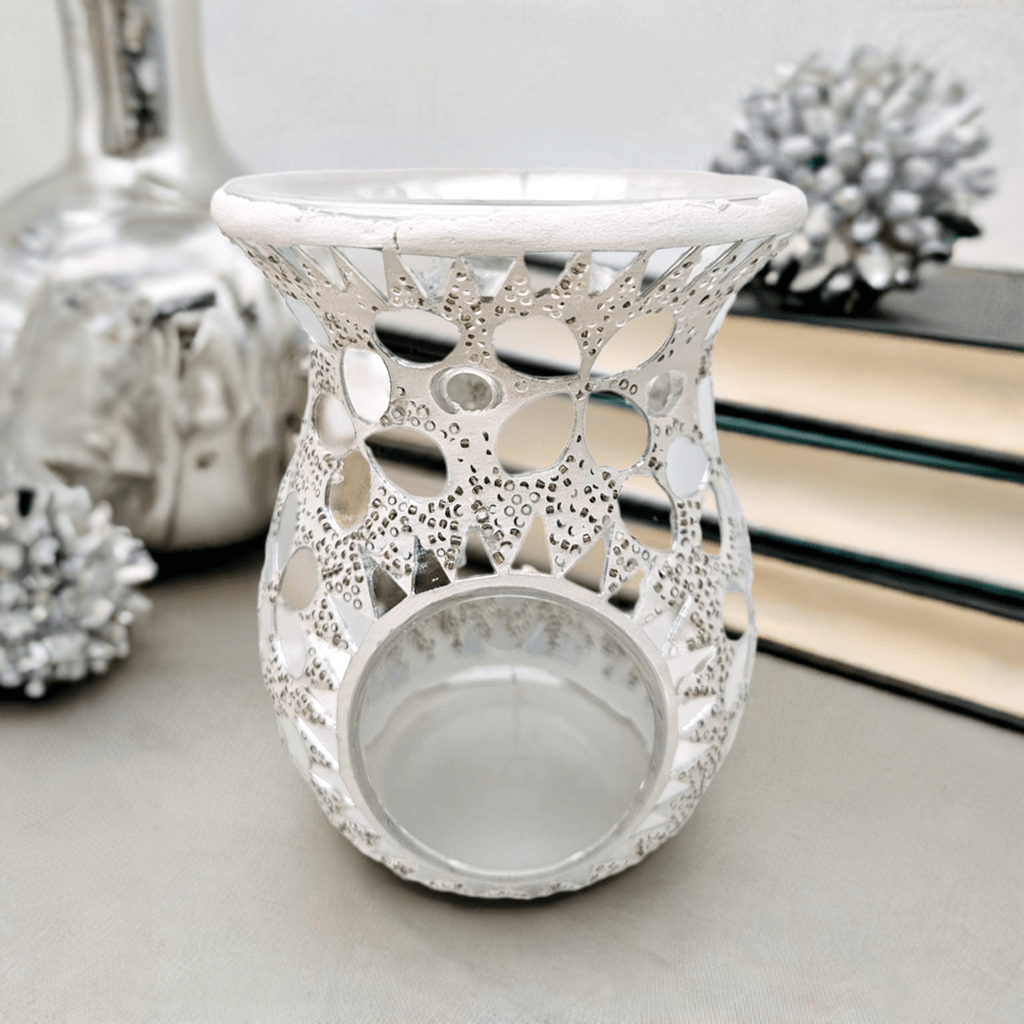 Large Crackle Mosaic Wax/Oil Warmer - Silver Flowers 14cm - Precious Wax Sanctuary