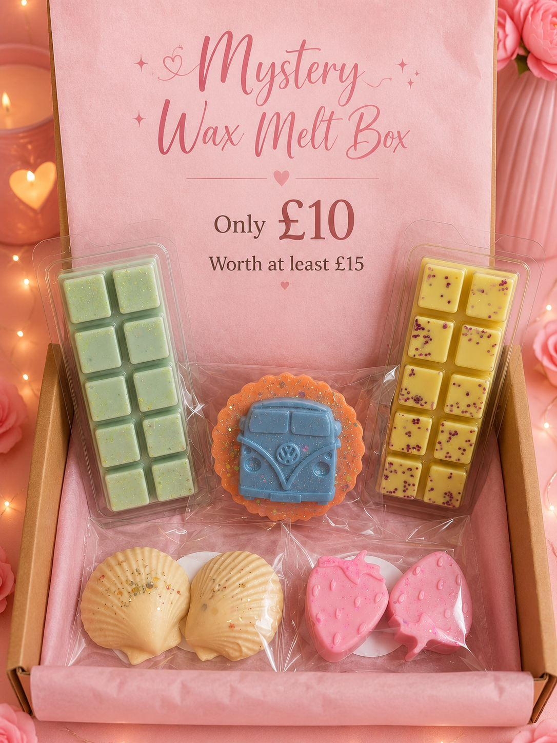 Example Mystery Wax Melt Box with 5 handmade wax melt items in a brown gift box with pink tissue paper, worth at least £15.