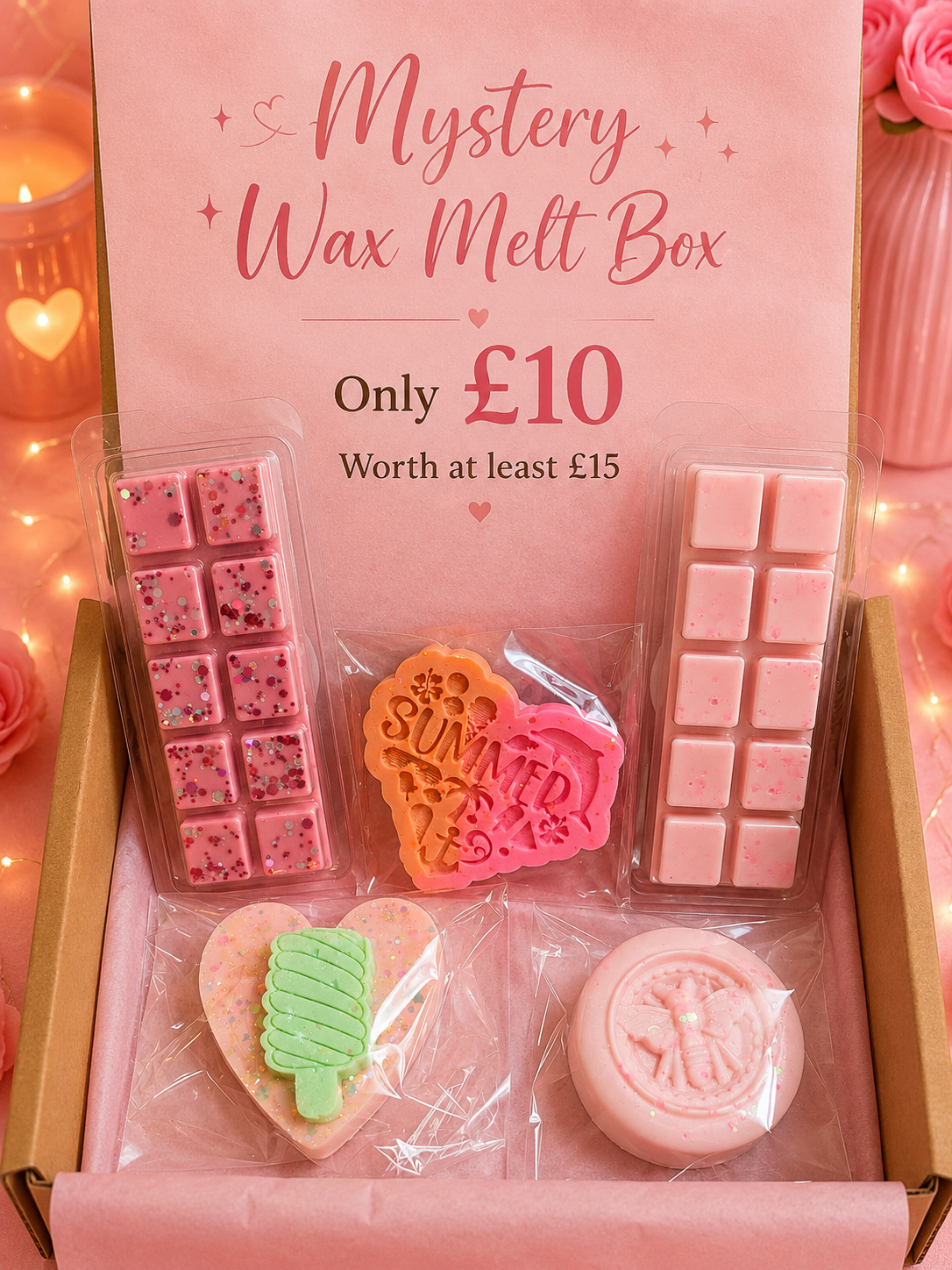 Example Mystery Wax Melt Box featuring pink handmade wax melt bars and novelty wax melt shapes worth at least £15.