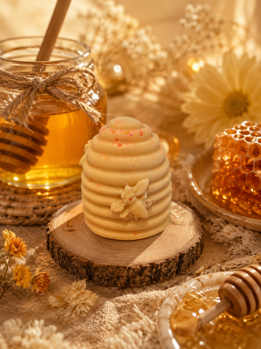 A small ribbed cream-colored wax melt honey pot candle styled on a rustic wood slice, surrounded by honey jars, a honeycomb, and dried flowers in a warm golden setting.