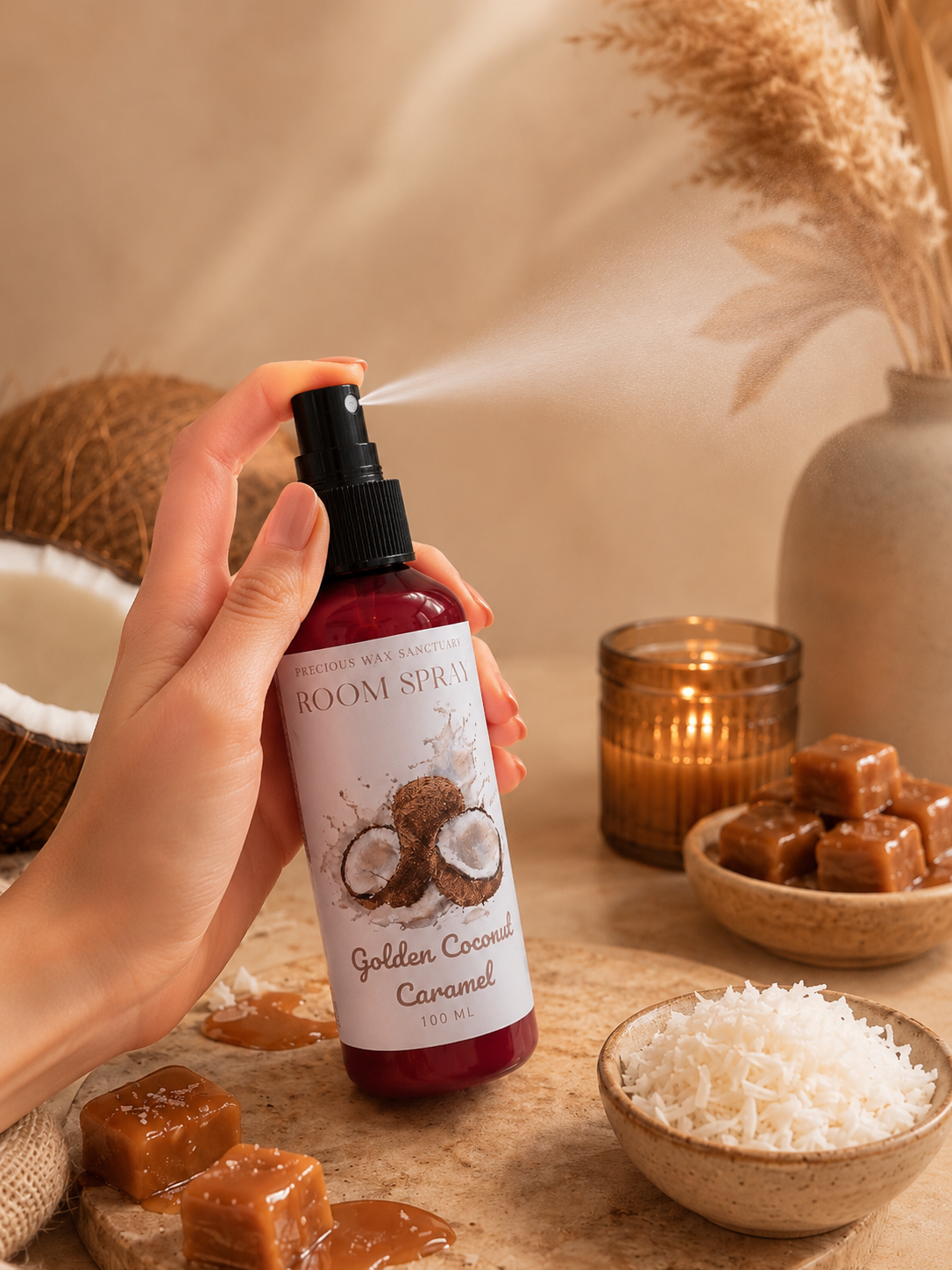 A hand holds a room spray bottle labeled 'Golden Coconut Caramel' and sprays a mist. The scene is styled with caramel cubes, shredded coconut, a lit candle, and dried grasses in a warm, cozy setting.