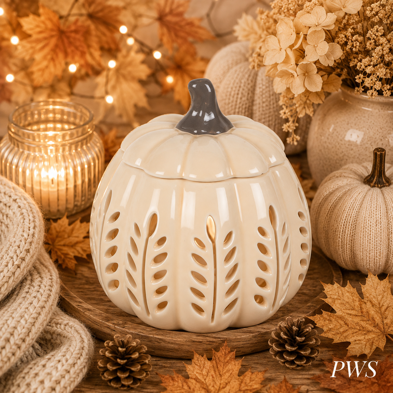 Cream Leaf Cut-Out Pumpkin Wax Melt Burner & Oil Burner