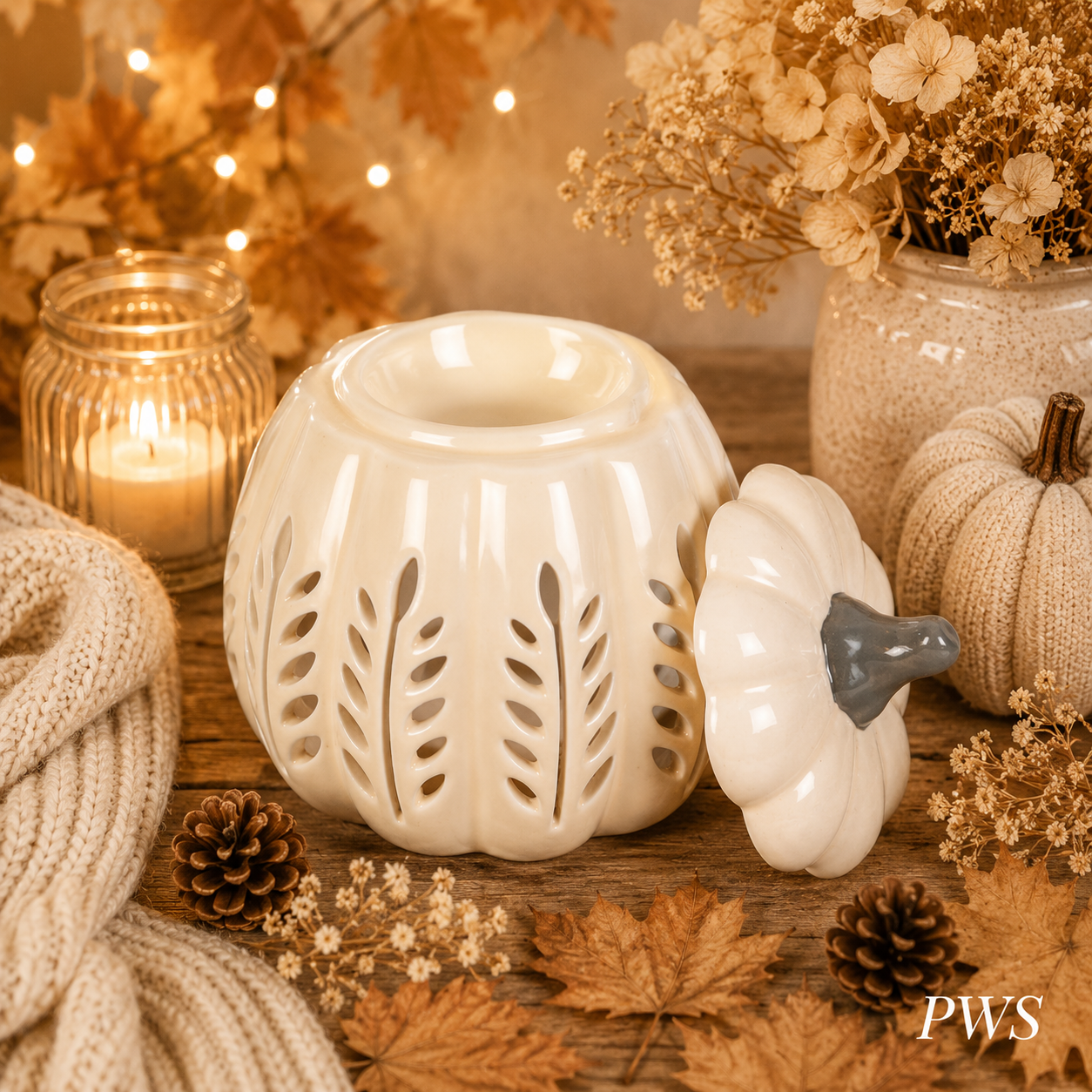 Cream Leaf Cut-Out Pumpkin Wax Melt Burner & Oil Burner