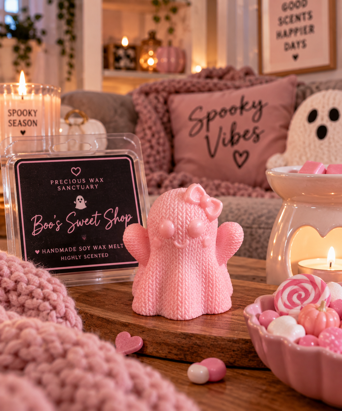 Boo's Sweet Shop Pink Knitted Ghost Wax Melt Shape | Strong Scented Soy Wax Melts UK