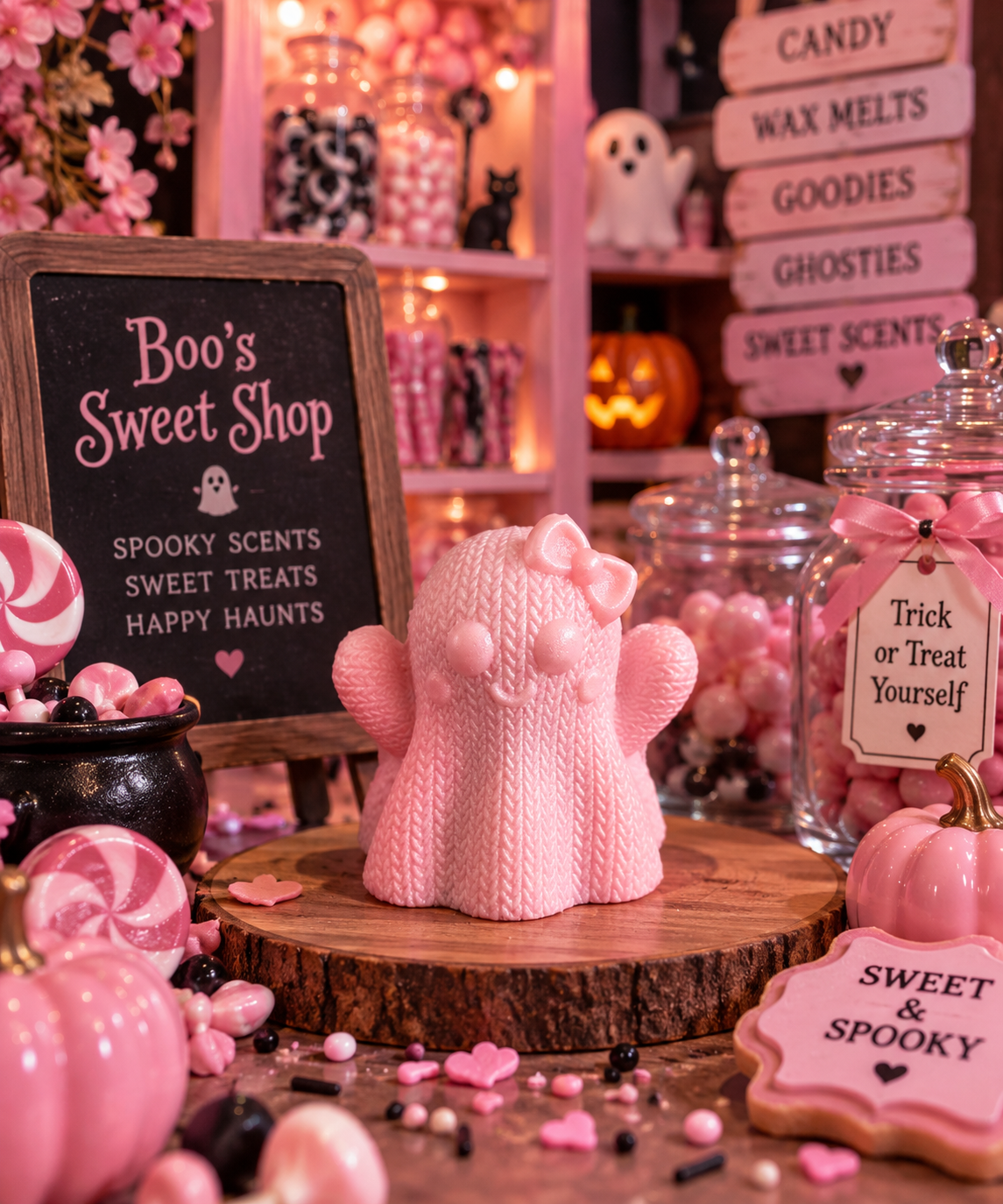 Boo's Sweet Shop Pink Knitted Ghost Wax Melt Shape | Strong Scented Soy Wax Melts UK