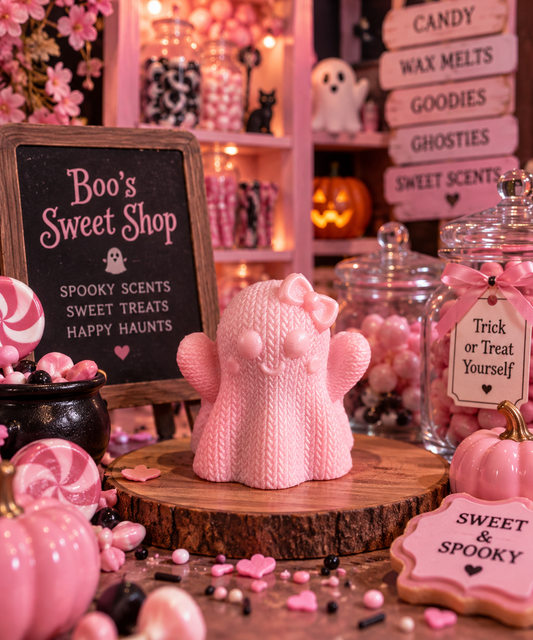 Boo's Sweet Shop Pink Knitted Ghost Wax Melt Shape | Strong Scented Soy Wax Melts UK