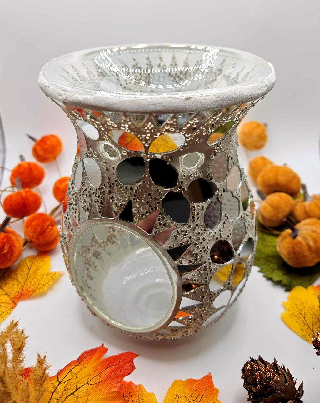 Large Crackle Mosaic Wax/Oil Warmer - Silver Flowers 14cm